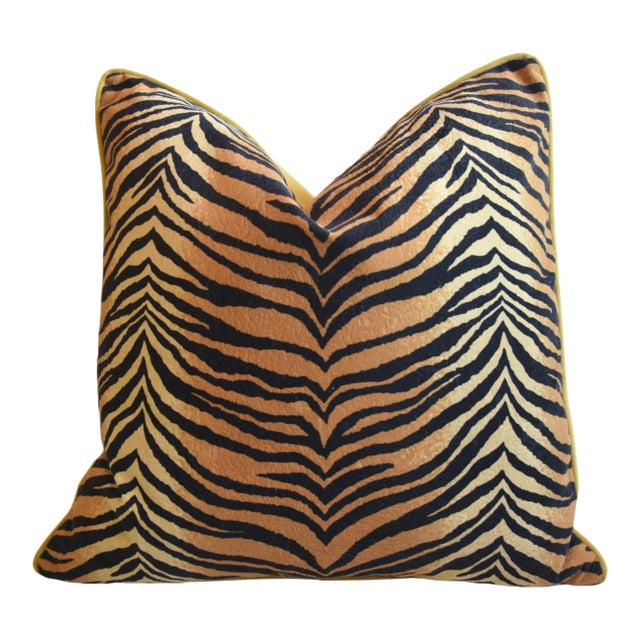 Luxurious Designer Tiger Cat Velvet Feather/Down Pillow24” Square For Sale