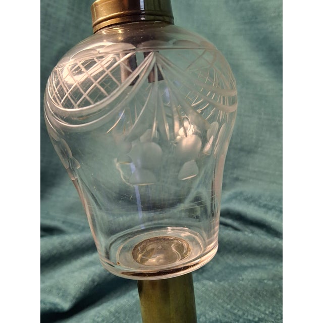 Mid 19th Century Rare 1840s Whale Oil Lamp Etched Glass Font Original Double Burner Iron Base For Sale - Image 5 of 18