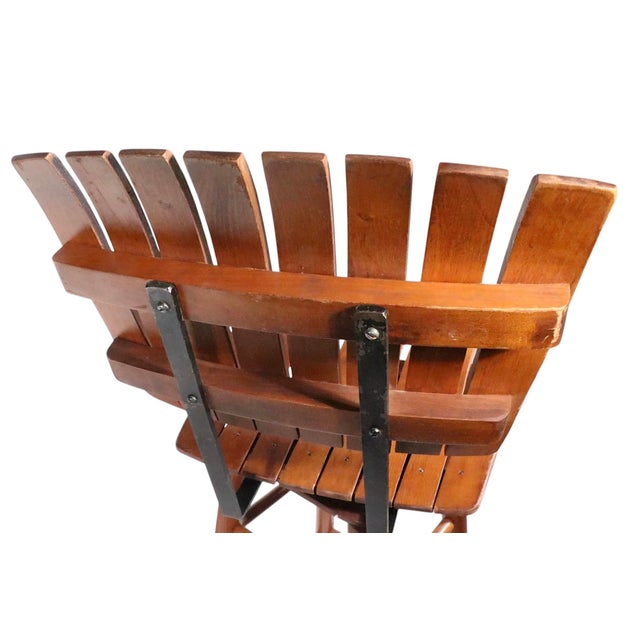 Mid 20th Century Set of 3 Wood Slat and Wrought Iron Bar Stools Attributed to Umanoff For Sale - Image 11 of 12