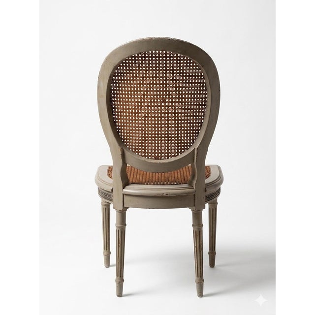 Shabby Chic Vintage French Louis XVI Style Painted Wood & Cane Medallion Side Chair For Sale - Image 3 of 5