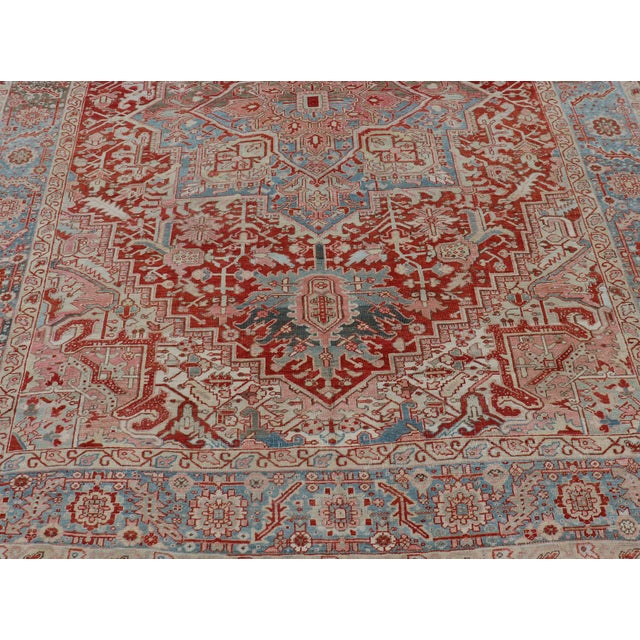 Antique Persian Heriz Rug With Central Medallion in Red and Blue 9'7 X 12'10 For Sale - Image 13 of 16