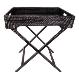 Artifacts Rattan Butler Tray/Table 25.5" with Glass Insert, Tudor Black For Sale