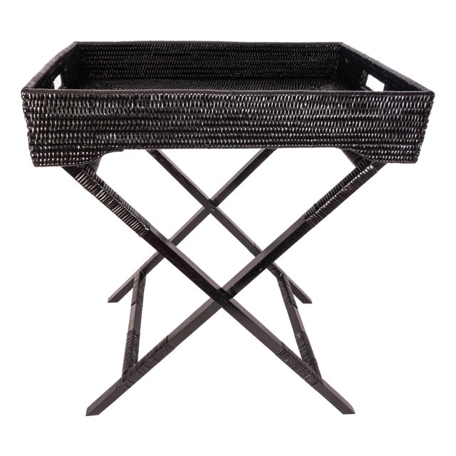 Artifacts Rattan Butler Tray/Table 25.5" with Glass Insert, Tudor Black For Sale