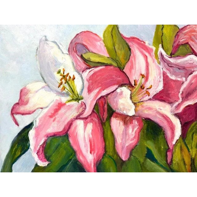 Pink Square Impasto Floral Painting of Lilies For Sale - Image 8 of 18