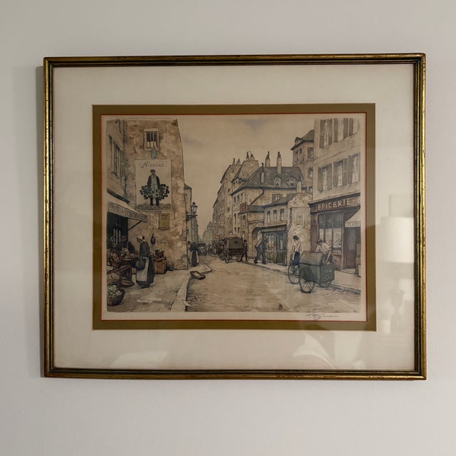 1928 "Epicerie" Impressionist Earth Tone Color Aquatint Etching by t.f. Simon For Sale - Image 4 of 5