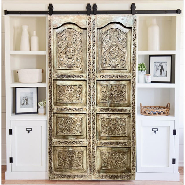 Mid-Century Modern Vintage Hand-Carved Floral Double Door – Reclaimed Wooden Barn Door Statement Piece 77.75 For Sale - Image 3 of 5