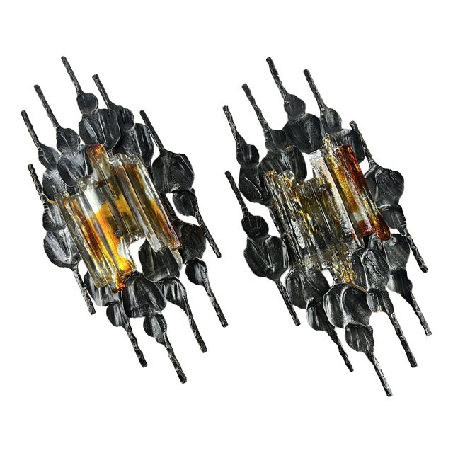 Wrought Iron and Glass Wall Lamps, 1960s, Set of 2 For Sale
