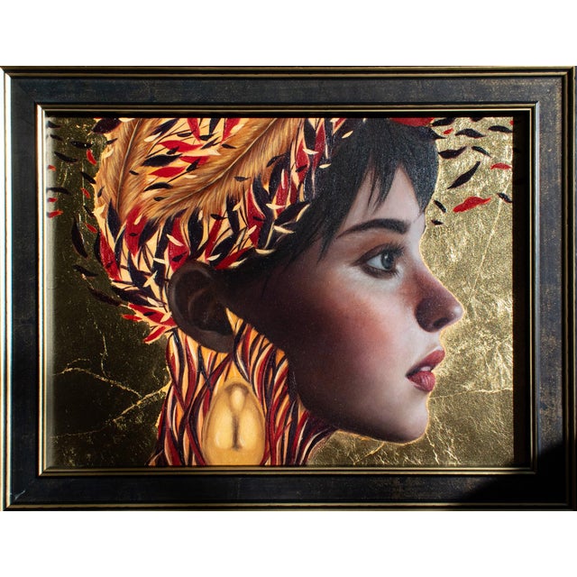This artwork features a profile of a young woman, her hair adorned with vibrant feathers and intricate patterns that blend...