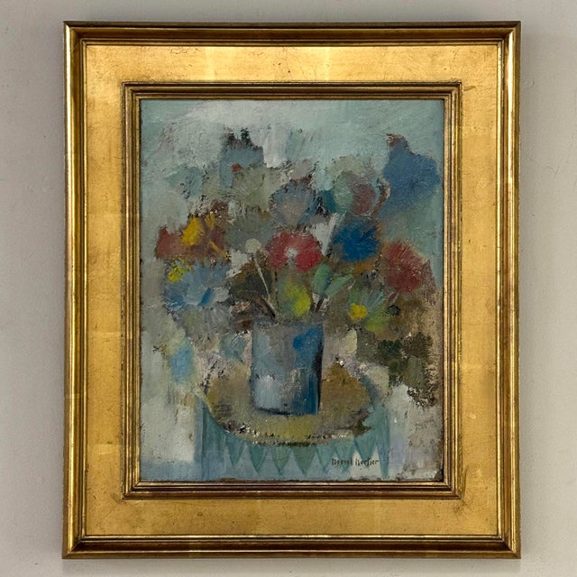 Id Century Modernist Floral Still Life Oil Painting by Marcel Mortier in Original Gold Leaf Frame For Sale In Dallas - Image 6 of 17