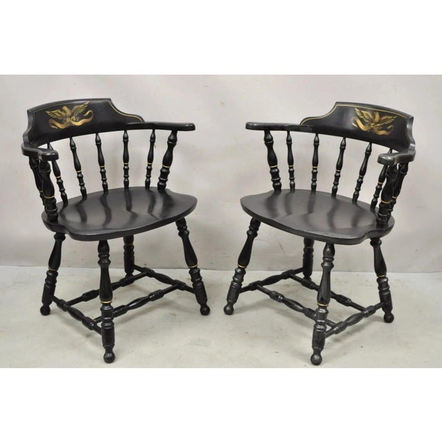 Vintage S. Bent & Bros Black Painted Eagle Colonial Style Pub Arm Chairs - a Pair. Item features gold eagle to backrest,...