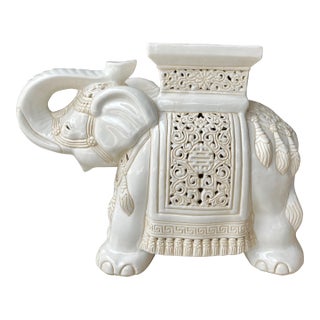 Circa 1970 Fabulous Linen-Hued Earthenware Elephant Garden Stool / Plant Stand For Sale