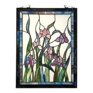 Stained Glass Iris Floral Window Art Rectangular Panel Vintage Handmade Decor For Sale