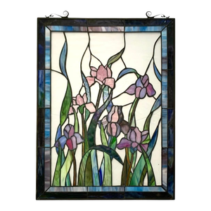 Stained Glass Iris Floral Window Art Rectangular Panel Vintage Handmade Decor