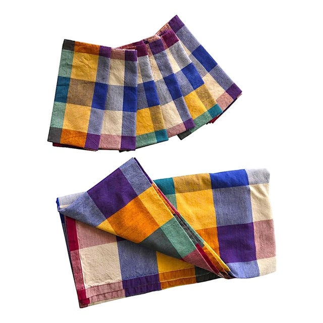 Vintage Dansk Ritva Puotila Cotton Madras Woven Tablecloth and Napkins, Set of 7 Pieces For Sale