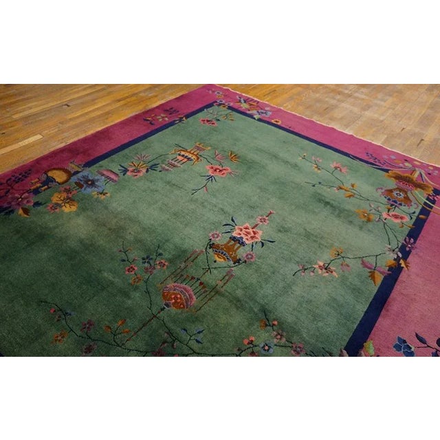 1920s Green Floral Vase Antique Chinese Art Deco Rug 8'0" X 9'4" Handknotted Wool Carpet For Sale - Image 4 of 9