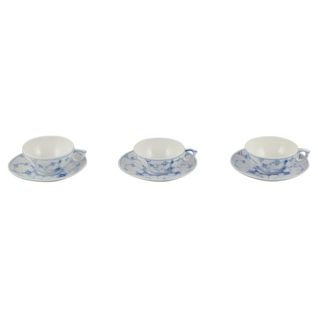 Blue Fluted Plain Tea Cups with Saucers from Royal Copenhagen, 1970s, Set of 6 For Sale