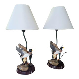Vintage Tole Style Mallard Duck Lamps With Lamp Shades- A Pair For Sale