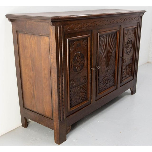 Mid-Century Modern Vintage French Neogothic Style Oak & Wrought Iron Buffet, 1960s For Sale - Image 3 of 18