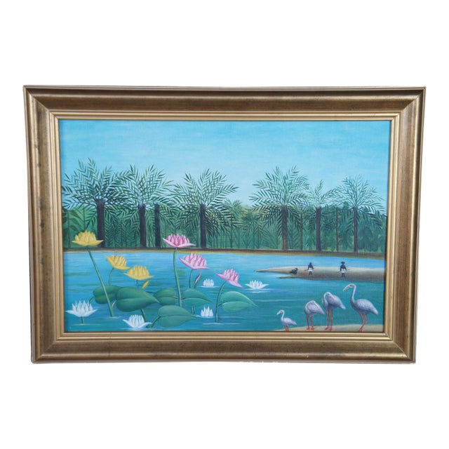 Late 20th Century The Flamingoes After Henri Rousseau Tropical Oil Riverscape Painting Framed For Sale