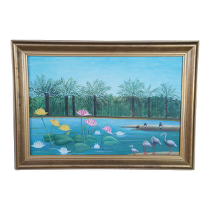 Late 20th Century The Flamingoes After Henri Rousseau Tropical Oil Riverscape Painting Framed