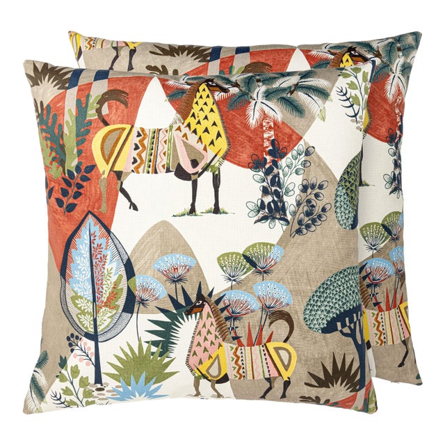 Scalamandre 24" x 24" Llamas Pillow in Red Tan Multi For Sale