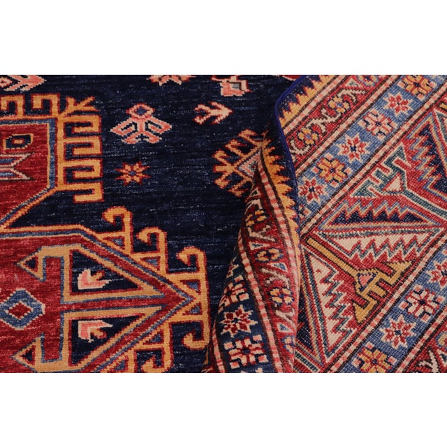 Blue Boho Chic Tribal Super Kazak Blue/Red Wool Rug - 8'3'' X 9'9'' For Sale - Image 8 of 10