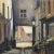 Oil painting picturing a narrow street or alleyway in brussels with houses and a small grocery stand with two ladies. The...