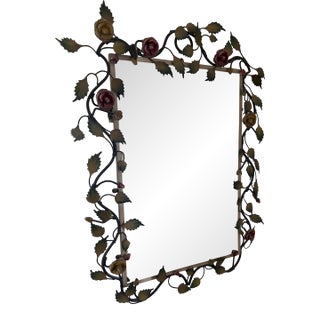 Vintage Floral Metal Wall Mirror With Sculptural Vine Frame For Sale