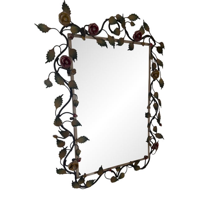 Vintage Floral Metal Wall Mirror With Sculptural Vine Frame For Sale