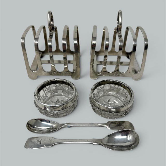 Antique Sterling Silver Pair Lowe Toast Rack Crystal Salt Cellars 1910 7.9 Ozs For Sale - Image 6 of 6