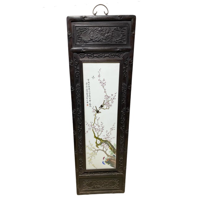 Superb Chinoiserie porcelain famille rose hand-painted panel depicting Spring with cherry blossoms and birds on branch...