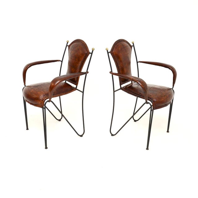 Jacques Adnet Vintage French Iron and Leather Armchairs, 1960s, Set of 2 For Sale - Image 4 of 11