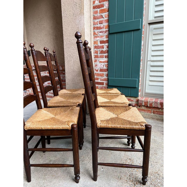 Vintage English Dining Chairs Set 6 Oak Ladder Back Rush Seat Woven For Sale - Image 14 of 18