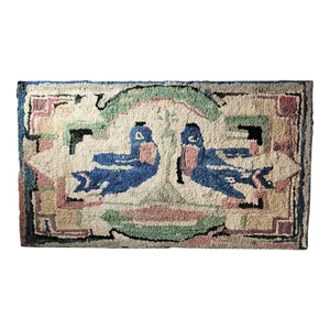 Folky Hand-Hooked Mounted Blue Birds Rug From Pennsylvania