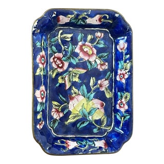 Antique Chinese Chinoiserie Cobalt Blue Enamel Catchall Dish For Sale