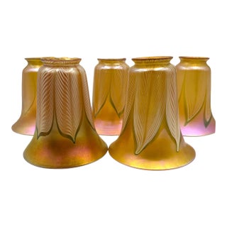 Early 20th Century Quezal Gold Iridescent "Pulled Feather" Art Glass Lamp Shades, Set of Five 5 For Sale
