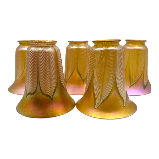 Early 20th Century Quezal Gold Iridescent "Pulled Feather" Art Glass Lamp Shades, Set of Five 5 For Sale
