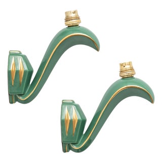 Art Deco Green Ceramic Wall Sconces with Gold Accents, 1930s, Set of 2 For Sale
