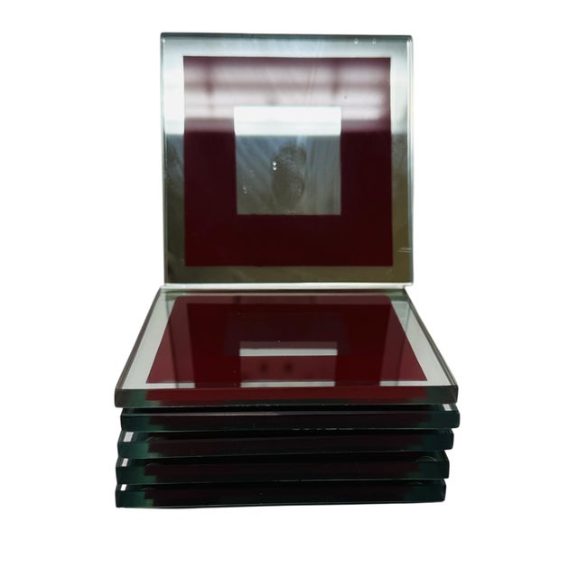 Vintage 1980s Mirrored Glass Coasters - Maroon Border & Polished Edges - Flat Square Barware With Rubber Feet - Set of 6 For Sale - Image 9 of 11