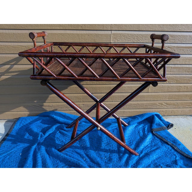 Vintage Butler Tray Serving Table Featuring a Dark Stained Finish and Distinctive Woven Rattan Panels. For Sale - Image 4 of 14