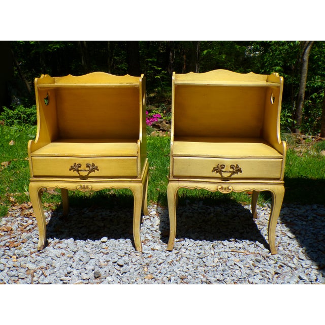Vintage Pair French Provincial Nightstands Shabby Chic Two Tier End Tables features 1 drawer with decorative brass pulls...
