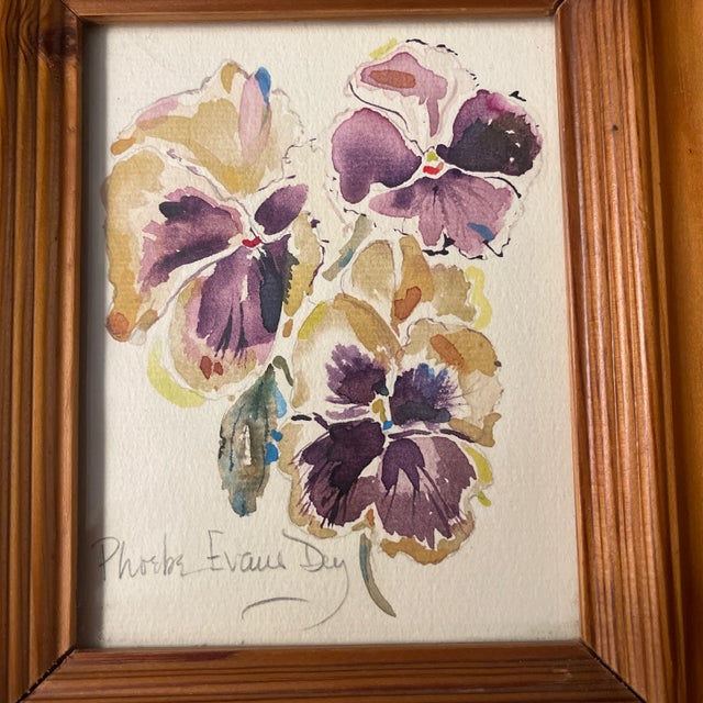 Contemporary Nantucket Artist Phoebe Evans Dey Original Signed Watercolor of Pansies For Sale - Image 3 of 7