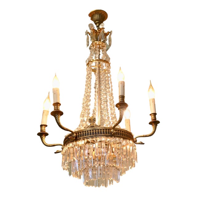 Large Empire French Six Branch Tent and Waterfall Chandelier, 1890 For Sale