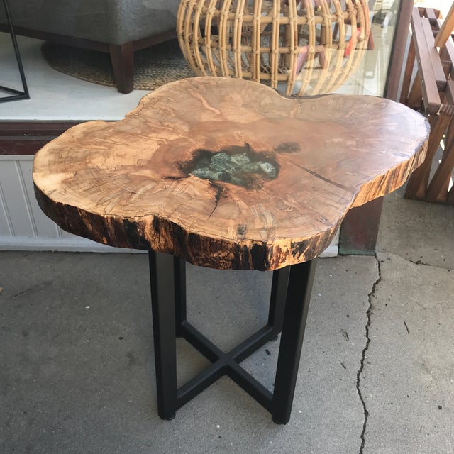 Industrial Live Edge Slab End Table With River Rocks In Resin Epoxy