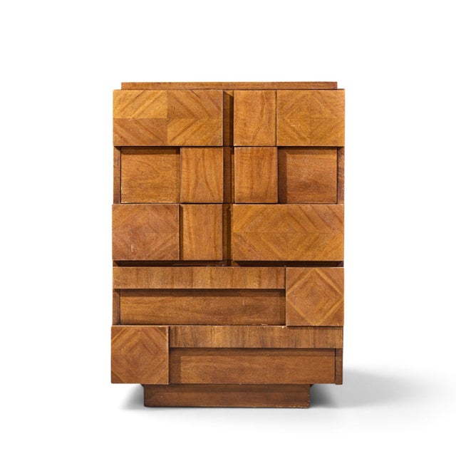 Lane Staccato Brutalist Mid Century Walnut Highboy Dresser This highboy measures: 38 wide x 19.25 deep x 54.25 inches high...