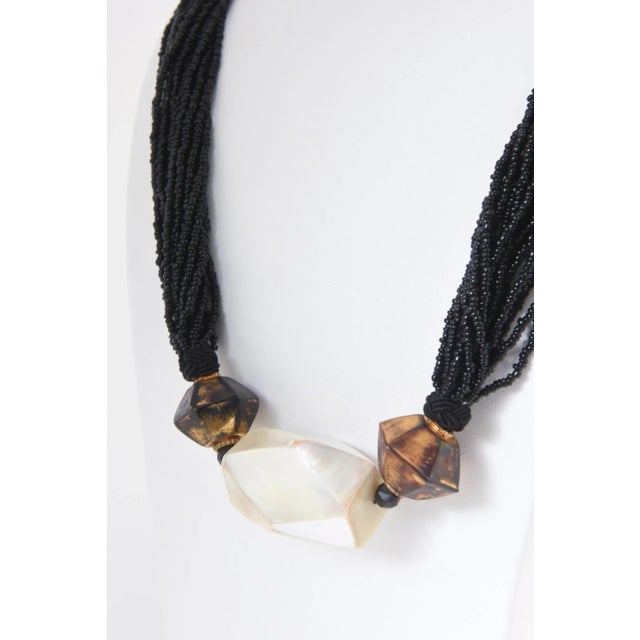 Metal Long Multi-Strand Black Bead Mother of Pearl Necklace For Sale - Image 7 of 8