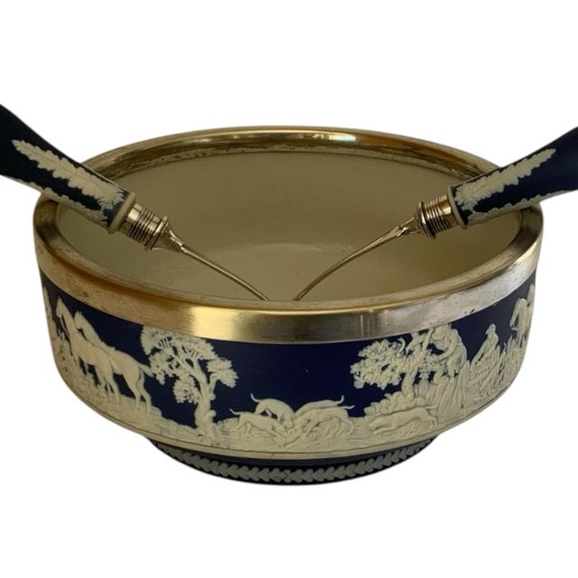 Antique William Adams Tunstall Blue Jasperware Salad Bowl Set W/ Matching Silverplate Serving Fork & Spoon Hunt - 3 pcs For Sale - Image 10 of 10