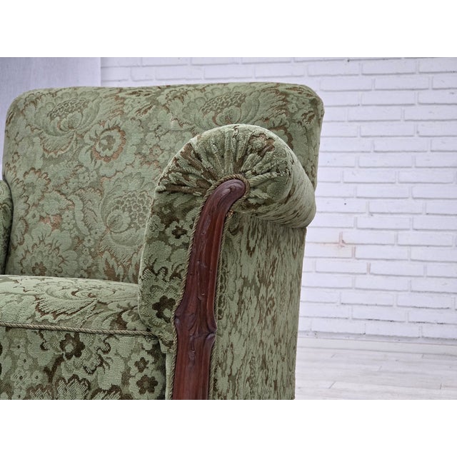 Danish Armchair in Green Velour and Carved Oak, 1950s For Sale - Image 13 of 18