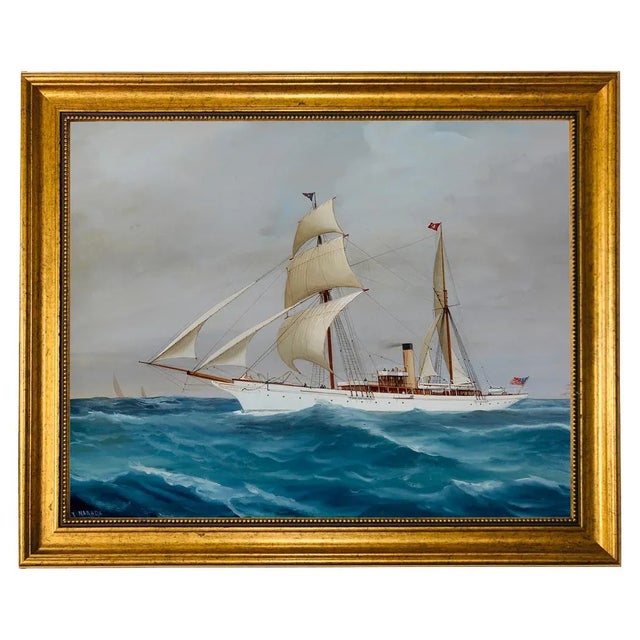 Beaux-Arts "Sailing Yacht Narada" After Antonio DeSimone, Contemporary Reproduction Print on Canvas, Framed, 16 x 20 For Sale - Image 3 of 3