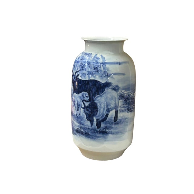 Chinese Blue White Handpaint San Yang Kai Tai Scenery Porcelain Vase For Sale - Image 9 of 14